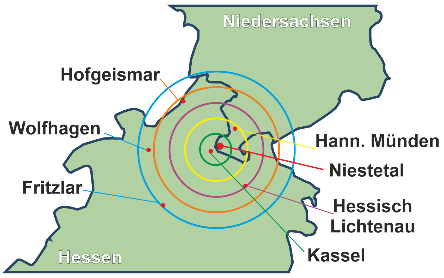 Zonenkarte für die Anfahrt rund um Niestetal mit markierten Orten wie Kassel, Hofgeismar, Hann. Münden, Wolfhagen, Fritzlar und Hessisch Lichtenau