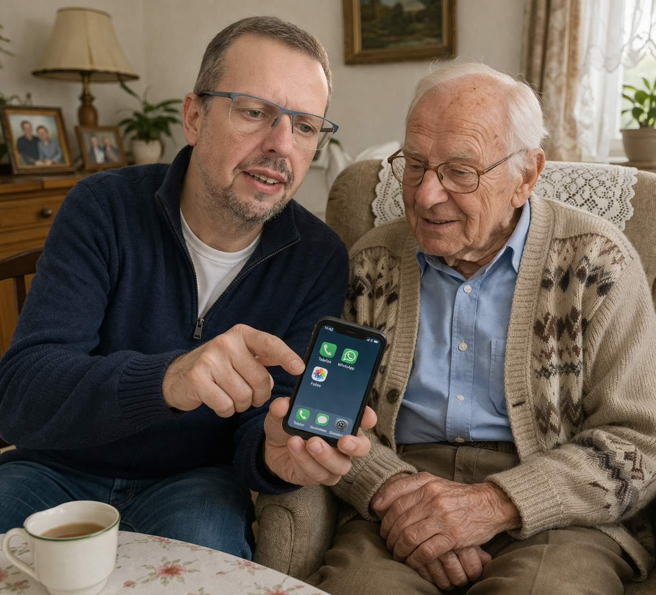 Ältere Person erhält verständliche Hilfe bei der Nutzung eines Smartphones